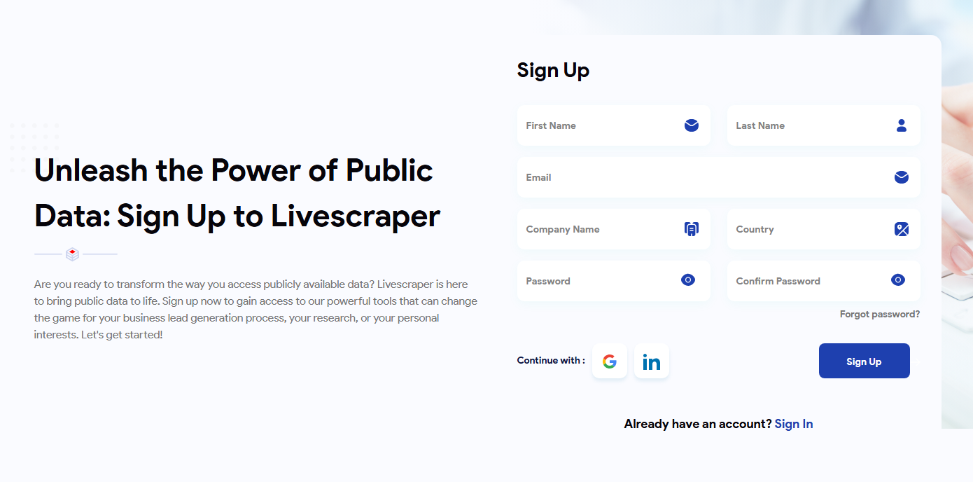 Livescraper sign up