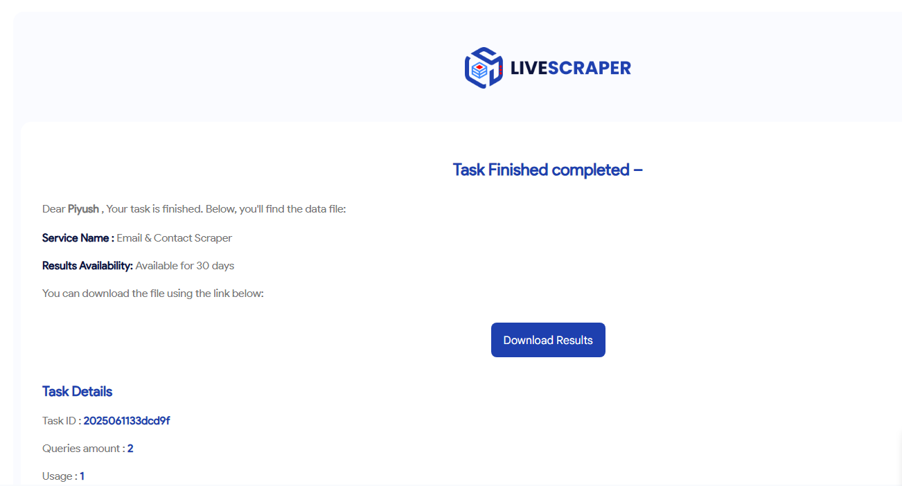 Livescraper task finished email