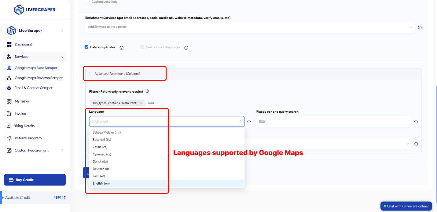 language filter option