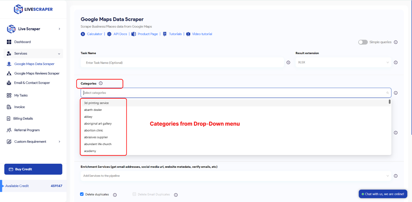 livescraper categories select