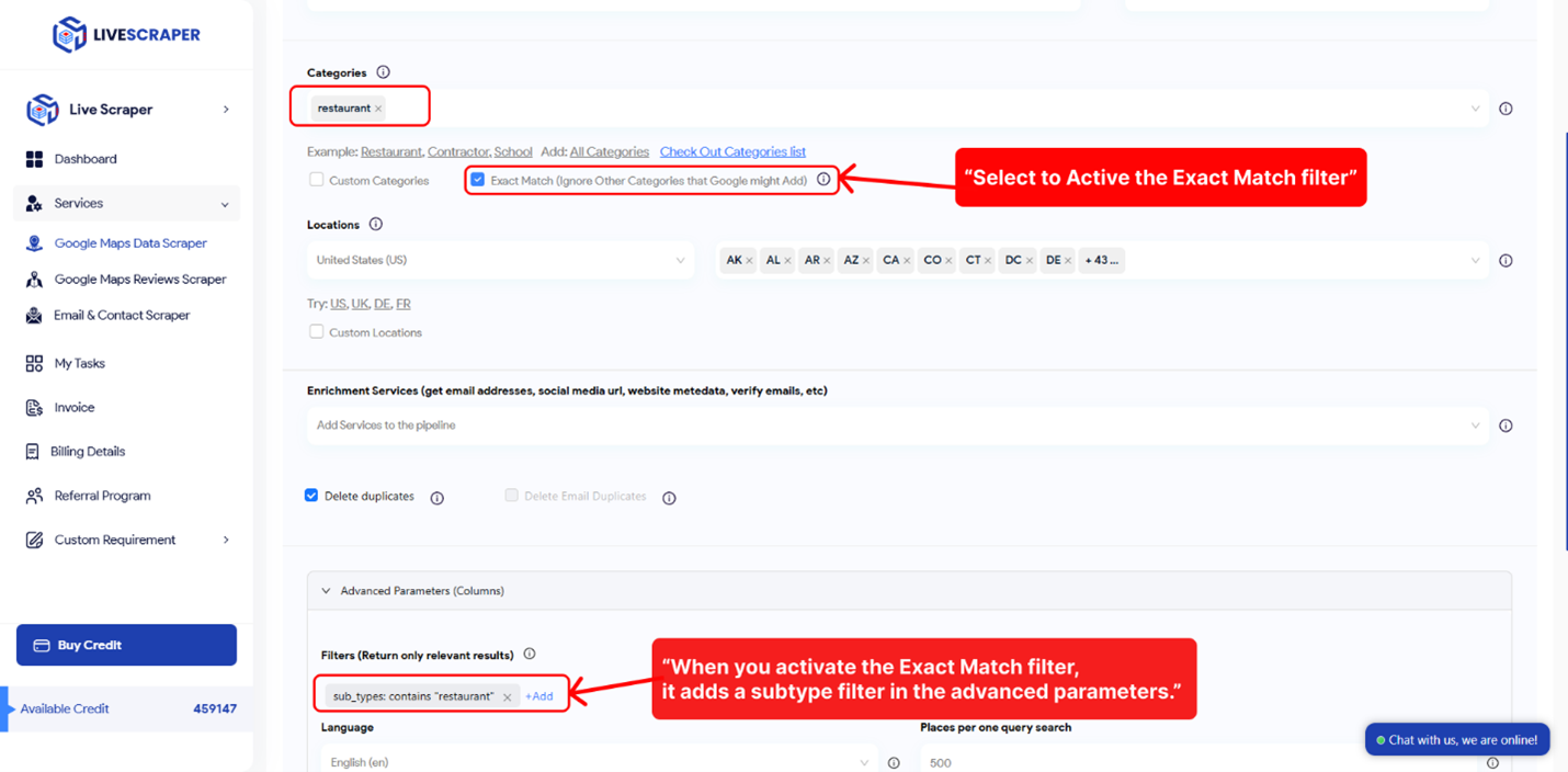 livescraper exact match filter