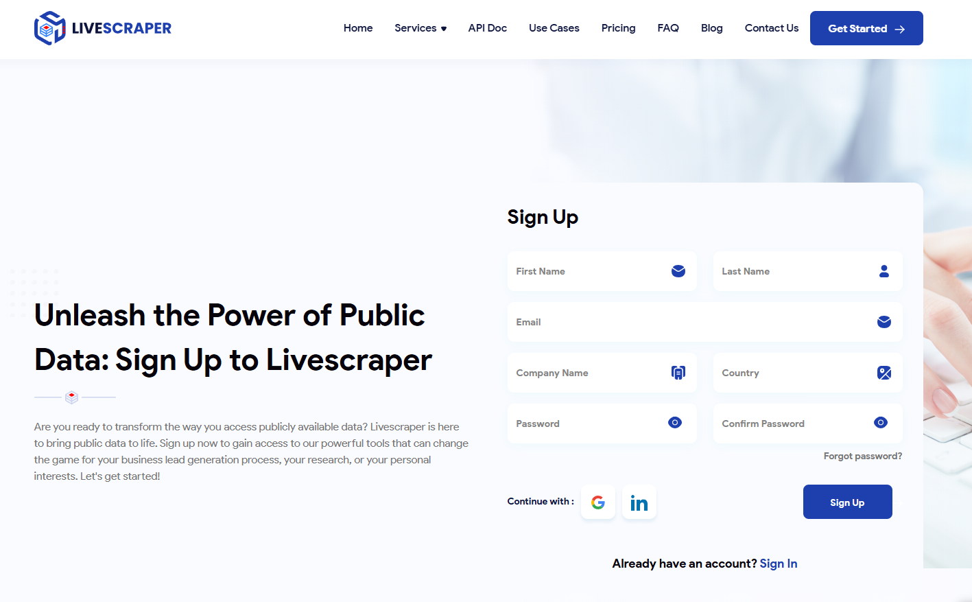 Livescraper sign up page