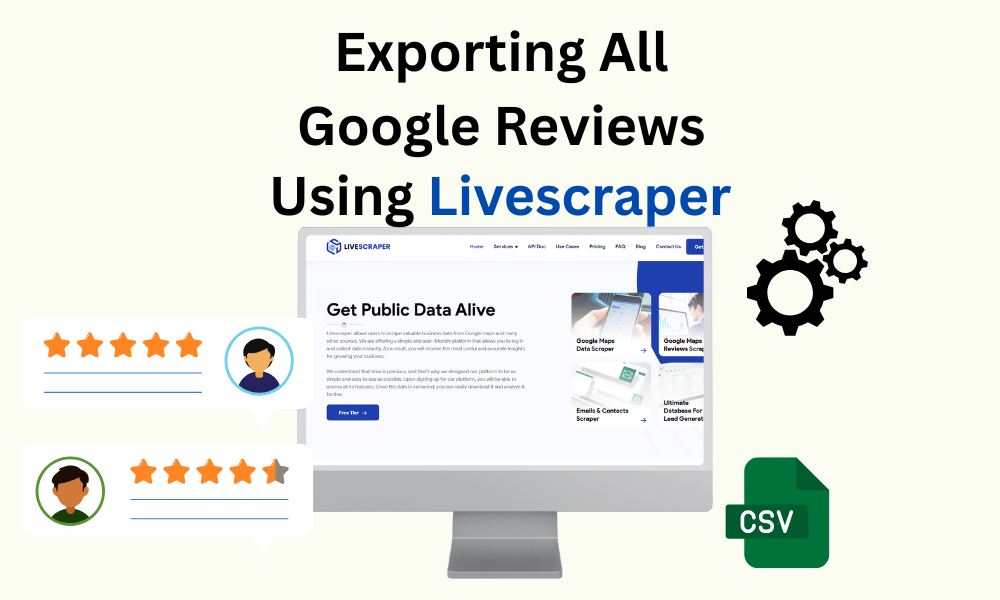 Illustration showing how to export all Google Reviews using automation with a web scraper and download as CSV.