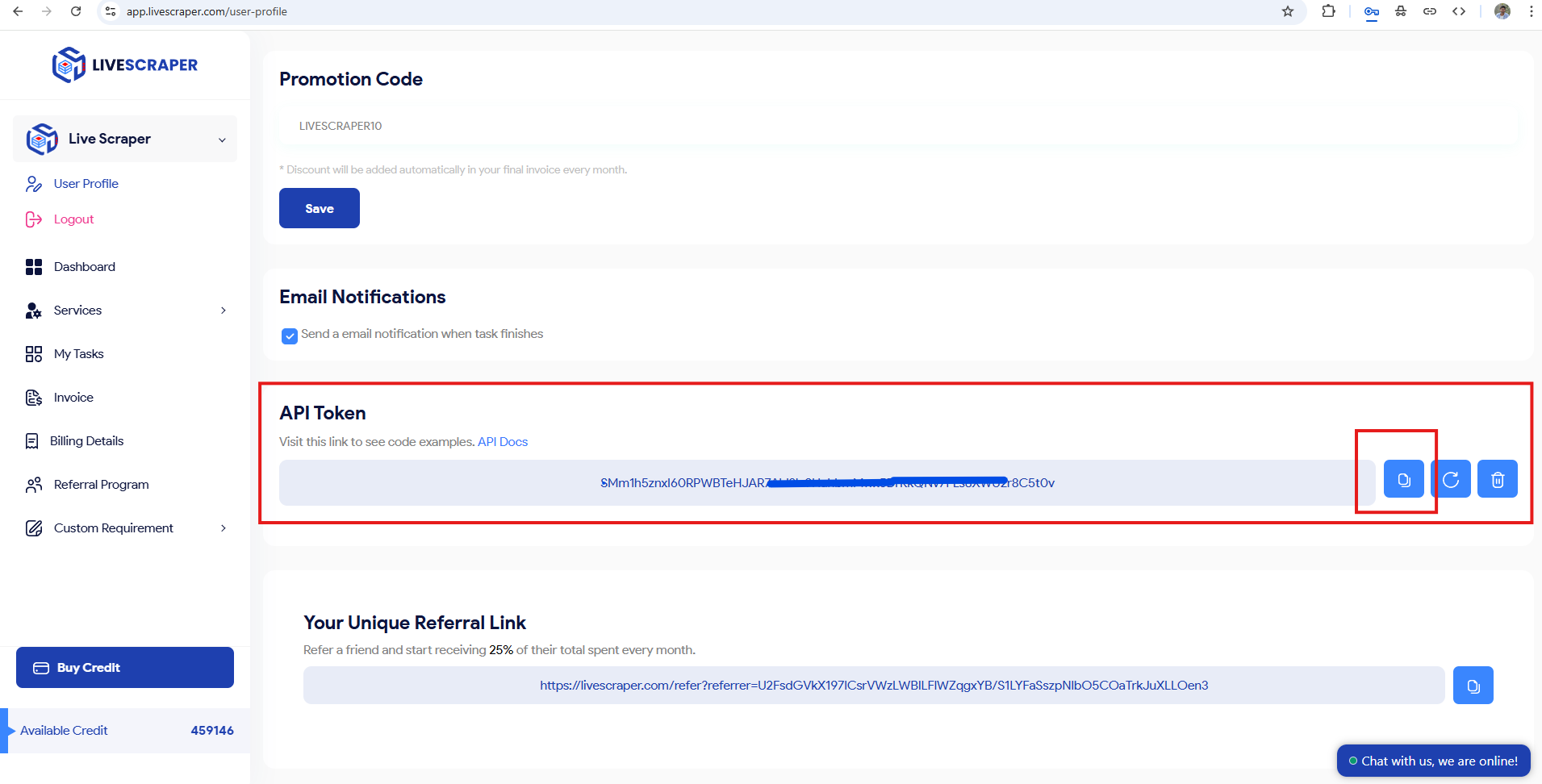 How to find Livescraper API token in user profile section