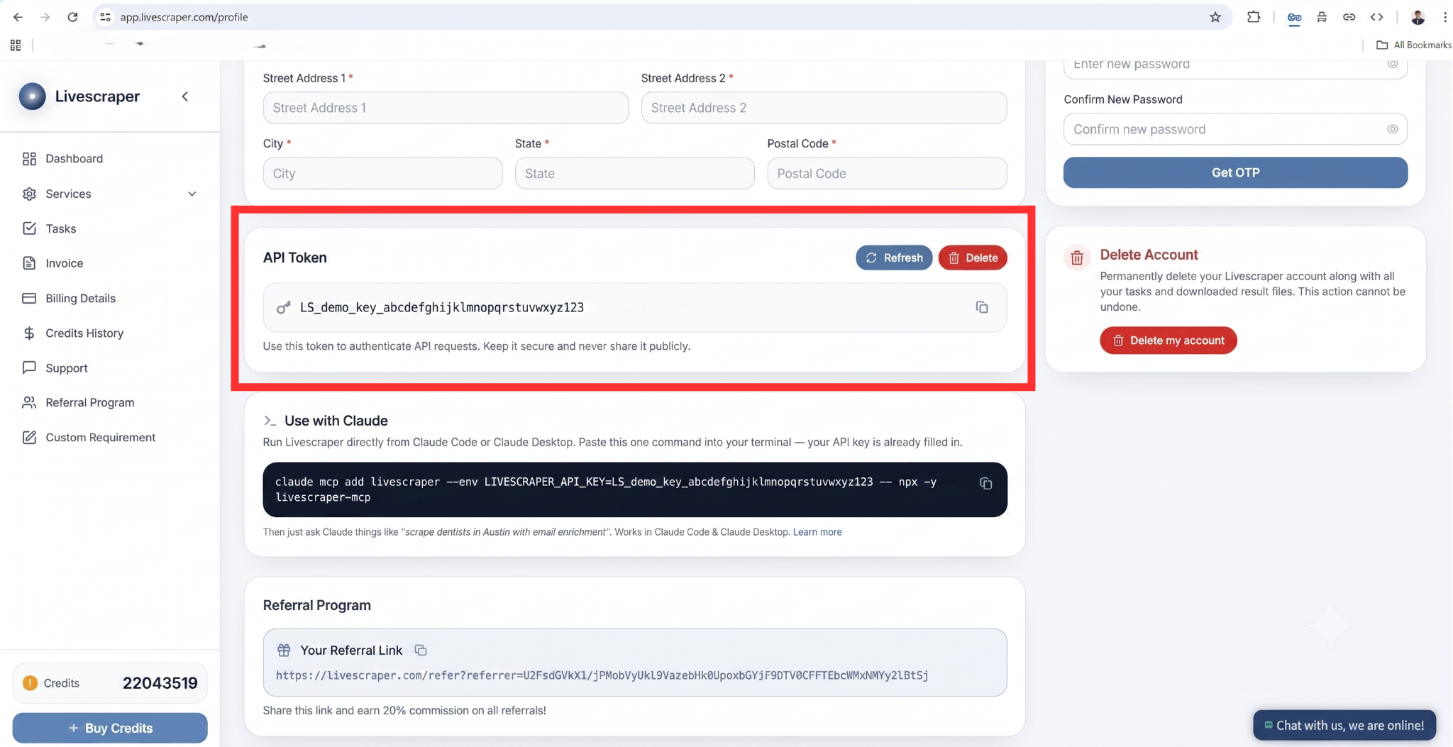 Livescraper dashboard Profile page showing the API Key field