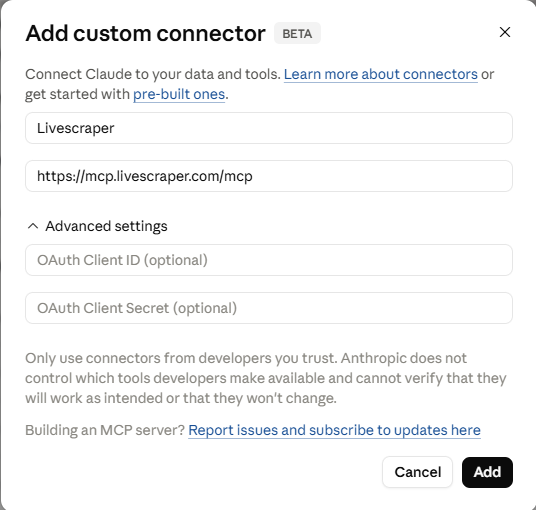 Claude Desktop Add custom connector dialog