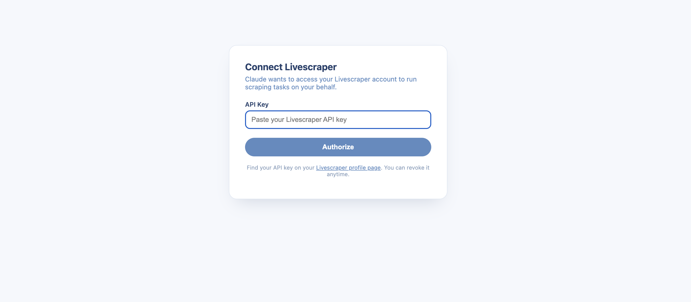 Livescraper Connect / Authorize screen asking for the API key