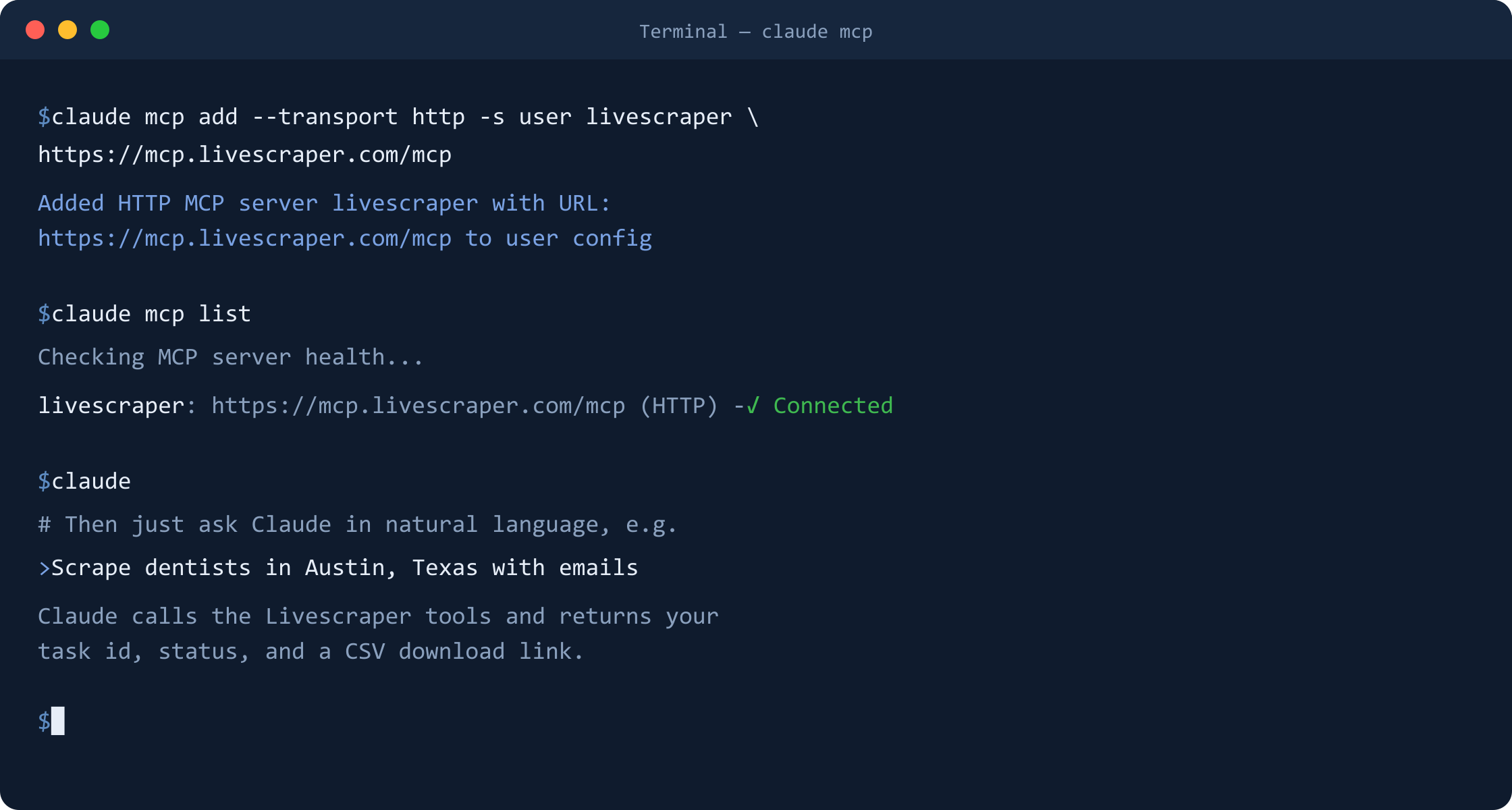 Claude Code /mcp showing the livescraper connector authenticated